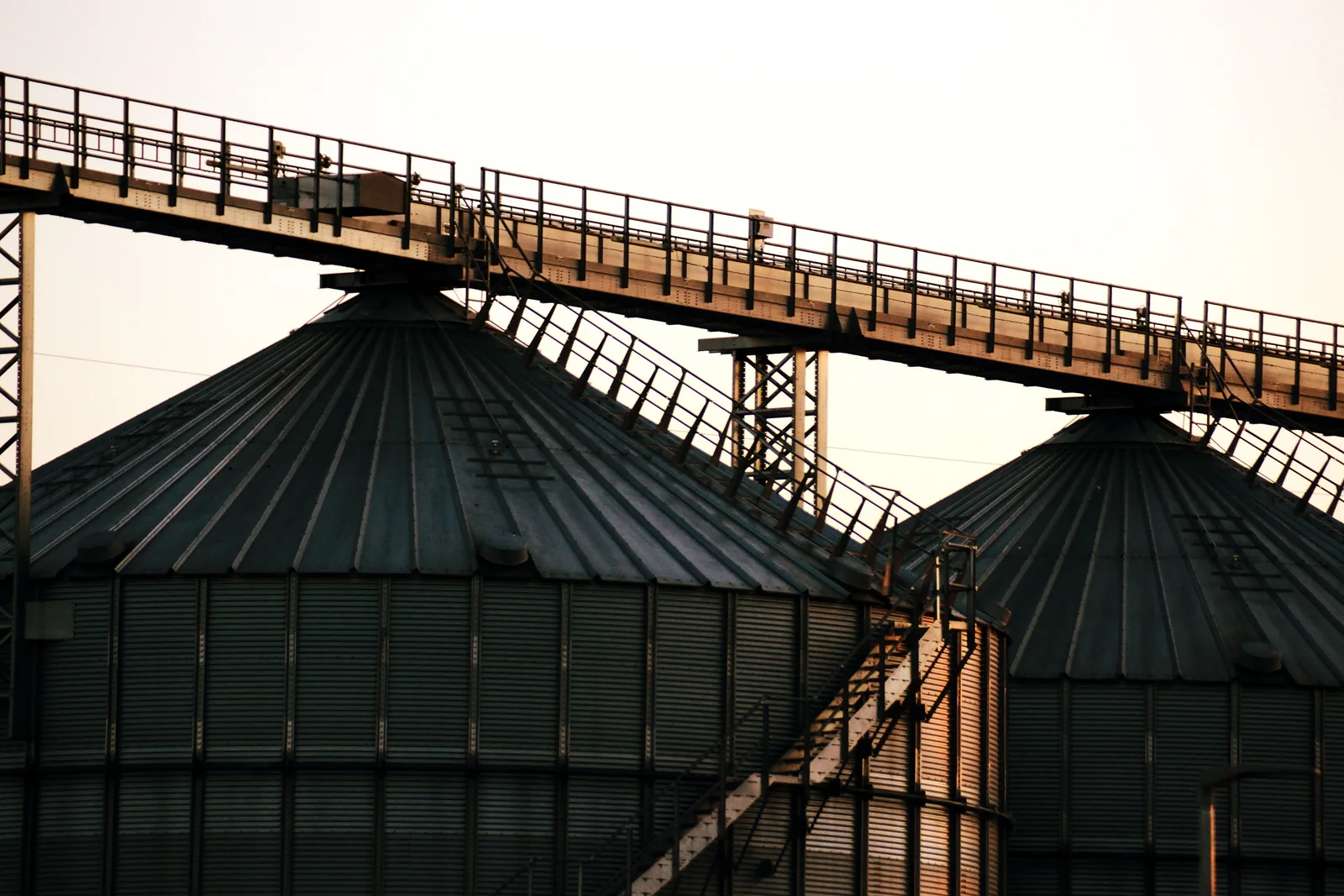 Industrial grain silos and conveyor infrastructure